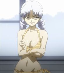 Rule 34 | 1girl, atia simmons, bikini, breasts, cleavage, crossed arms, drill hair, female focus, freezing (series), grey hair, indoors, navel, screencap, sky, smug, solo, stitched, striped, swimsuit, third-party edit