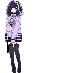 Rule 34 | 1girl, artist request, black footwear, black hair, black thighhighs, criminal girls, criminal girls x, full body, garter straps, green eyes, hood, hooded jacket, jacket, long sleeves, looking at viewer, medium hair, misora (criminal girls x), purple jacket, shirt, shoes, solo, striped clothes, striped shirt, thighhighs, transparent background