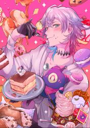 Rule 34 | 1boy, absurdres, bird, black gloves, blue eyes, blush, cake, cake slice, cherry, chocolate, choker, collarbone, commentary, cookie, crepe, crumbs, dessert, eating, english commentary, food, food on face, fruit, gavis bettel, gloves, goose, gradient background, grey hair, hair between eyes, happy, hat, heterochromia, highres, holding, holding plate, holding spoon, holostars, holostars english, macaron, male focus, maple syrup, medium hair, nose blush, pancake, parfait, phantom (gavis bettel), pink background, pink eyes, plate, pocky, riz tempura, shirt, solo, sparkle, sparkling eyes, spoon, strawberry, strawberry shortcake, sweets, unworn hat, unworn headwear, utensil in mouth, virtual youtuber, wafer, white hair, white shirt