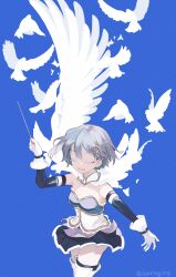 Rule 34 | 1girl, armor, artist name, conductor baton, bearingring, bird, blue background, blue hair, blue skirt, breastplate, cape, closed eyes, cowboy shot, detached collar, detached sleeves, dove, feathered wings, fortissimo, gloves, hair ornament, hand up, highres, holding, kneehighs, magical girl, mahou shoujo madoka magica, mahou shoujo madoka magica (anime), miki sayaka, musical note, musical note hair ornament, open mouth, pleated skirt, short hair, simple background, skirt, socks, solo, white cape, dove, white gloves, wings