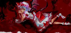 Rule 34 | 1girl, bat wings, blue hair, cup, envicement, flower, full body, microsoft paint (medium), non-web source, red background, red eyes, remilia scarlet, ribbon, rose, self-upload, smirk, teacup, touhou, wings