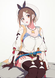 Rule 34 | 1girl, atelier (series), atelier ryza, atelier ryza 1, breasts, brown gloves, brown hair, brown thighhighs, cleavage, commentary request, gloves, grey background, hair ornament, hairclip, hat, jewelry, looking at viewer, necklace, open mouth, orange eyes, red shorts, reisalin stout, short hair, short shorts, shorts, simple background, single glove, sitting, sohin, solo, star (symbol), teeth, thighhighs, thighs, upper teeth only, white hat, white thighhighs