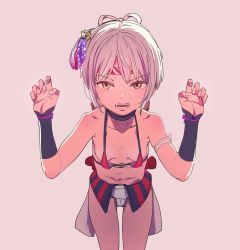 Rule 34 | 1girl, bare shoulders, beige background, breasts, collarbone, downblouse, fundoshi, japanese clothes, leaning forward, mebae, navel, open mouth, original, simple background, small breasts, solo, teeth, white hair