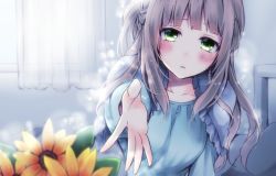 Rule 34 | 1girl, blush, brown hair, collarbone, curtains, flower, green eyes, long hair, looking at viewer, nanase eka, original, outstretched arm, parted lips, solo, upper body