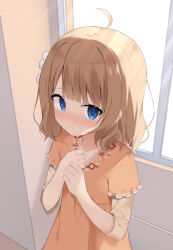 Rule 34 | 1girl, ahoge, blue eyes, blush, brown dress, brown hair, closed mouth, commentary request, day, dress, flower, hair flower, hair ornament, hands up, idolmaster, idolmaster million live!, indoors, layered sleeves, long sleeves, looking at viewer, nose blush, own hands together, short over long sleeves, short sleeves, solo, sunlight, suou momoko, usagimiko, white flower, window