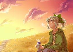 Rule 34 | 10s, 1girl, bow, can, canned coffee, drink can, evening, green bow, green jacket, grey hair, hair bow, holding, jacket, kantai collection, looking up, mutsuki (tsugaidanuki), open clothes, open jacket, orange sky, ponytail, sky, solo, steam, yuubari (kancolle)