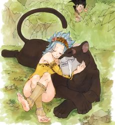 Rule 34 | 1boy, 1girl, barefoot, blue hair, fairy tail, feet, gajeel redfox, levy mcgarden, nature, outdoors, pantherlily, plant, rusky, toes