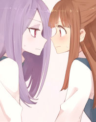 Rule 34 | 10s, 2girls, blunt bangs, blush, brown hair, eyeshadow, face-to-face, from side, frown, grey vest, hair over one eye, imminent kiss, kagari atsuko, little witch academia, long hair, long sleeves, makeup, multiple girls, pale skin, purple hair, red eyes, shirt, sou (tuhut), straight hair, sucy manbavaran, sweat, vest, white shirt, yuri
