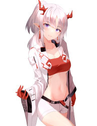 Rule 34 | 1girl, arknights, bad id, bad pixiv id, bandeau, beijiushui, breasts, coat, commentary, grin, highres, horns, large breasts, long hair, long sleeves, looking at viewer, midriff, navel, nian (arknights), open clothes, open coat, parted lips, pointy ears, purple eyes, short shorts, shorts, silver hair, simple background, smile, solo, stomach, strapless, tube top, white background, white coat, white shorts, wide sleeves