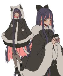 Rule 34 | 1girl, absurdres, black bow, black bowtie, black dress, black footwear, black nails, blunt bangs, blush, bow, bowtie, brown pantyhose, criis-chan, cup, disposable cup, dress, full body, hair bow, highres, holding, holding cup, hood, hood up, long hair, multiple views, nail polish, panty &amp; stocking with garterbelt, pantyhose, parted lips, pink hair, purple hair, shoes, stocking (psg), teeth