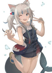 Rule 34 | 1girl, absurdres, animal ear fluff, animal ears, bag, blue bag, blue eyes, blue hair, blue nails, blush, bubble, cat ears, collarbone, fingernails, fins, fish bone, fish tail, frills, gawr gura, gawr gura (casual), grey hair, hair ornament, highres, hololive, hololive english, multicolored hair, nail polish, official alternate costume, one eye closed, open mouth, shark tail, sharp teeth, side ponytail, simple background, solo, stitches, streaked hair, tail, teeth, tsuiru, upper teeth only, v, virtual youtuber