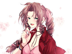 Rule 34 | 1girl, aerith gainsborough, bracelet, braid, breasts, brown hair, choker, cleavage, collarbone, curly hair, dress, falling petals, female focus, final fantasy, final fantasy vii, final fantasy vii remake, floral background, green eyes, jacket, jewelry, laughing, naho (pi988y), necklace, open mouth, petals, pink dress, red jacket, ribbon, ringlets, solo, square enix