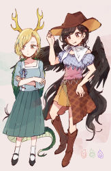 Rule 34 | 2girls, :q, antlers, bare shoulders, black footwear, black hair, black wings, blonde hair, blue shirt, blue skirt, blush, boots, breasts, brown eyes, brown footwear, brown skirt, closed mouth, commentary request, cowboy hat, crossed arms, dragon horns, dragon tail, feathered wings, full body, hand on own hip, hat, highres, horns, horse tail, kicchou yachie, kurokoma saki, long hair, looking at viewer, looking to the side, mary janes, mozukuzu (manukedori), multiple girls, night, off-shoulder shirt, off shoulder, pegasus wings, plaid, plaid skirt, scarf, shirt, shoes, short hair, skirt, small breasts, standing, swept bangs, tail, tongue, tongue out, touhou, turtle shell, white legwear, wily beast and weakest creature, wings