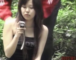 Rule 34 | 1boy, 1girl, animated, animated gif, asian, assisted exposure, breasts, camera, clothes pull, covering privates, covering breasts, japanese (nationality), lowres, nipples, outdoors, pantsing, photo (medium), public indecency, shirt pull, surprised, undressing, upper body
