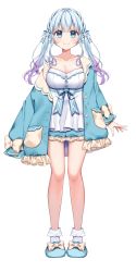 Rule 34 | 1girl, absurdres, anzu 1026, aqua footwear, arms at sides, blue eyes, blue hair, bobby socks, bow, breasts, cleavage, closed mouth, collarbone, dress, fingernails, full body, gradient hair, hair bow, highres, indie virtual youtuber, jacket, kazahana mayuri, large breasts, long fingernails, long sleeves, looking at viewer, multicolored hair, multiple girls, nail polish, open clothes, open jacket, purple hair, short dress, simple background, slippers, socks, solo, standing, twintails, two-tone hair, virtual youtuber, white background, white socks