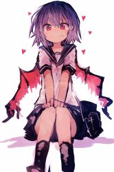 Rule 34 | 1girl, absurdres, alternate costume, bag, bare arms, bat wings, closed mouth, fang, fang out, heart, highres, kaamin (mariarose753), looking at viewer, miniskirt, purple hair, red eyes, remilia scarlet, school uniform, serafuku, simple background, skirt, smile, solo, touhou, v arms, white background, wings