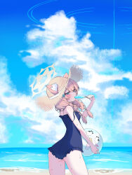 Rule 34 | 1girl, absurdres, animal ear fluff, animal ears, ass, ball, beach, beachball, blue archive, blue eyes, blue one-piece swimsuit, blue sky, blush, braid, breasts, cat ears, cloud, food, halo, highres, holding, holding ball, holding beachball, holding food, holding popsicle, long hair, looking at viewer, mari (blue archive), mari (swimsuit) (blue archive), official alternate costume, one-piece swimsuit, orange hair, popsicle, sky, small breasts, solo, swimsuit, twin braids, warabi mochi (w4rabimochi), water, yellow halo
