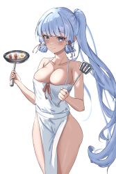 Rule 34 | 1girl, absurdres, apron, ayaka (genshin impact), bacon, blue eyes, blue hair, blunt bangs, breasts, cleavage, commentary, cowboy shot, egg, food, frying pan, genshin impact, highres, holding, holding frying pan, holding spatula, hong (vsak3373), long hair, looking at viewer, medium breasts, naked apron, ponytail, smile, solo, spatula, standing, thighs, very long hair, white apron