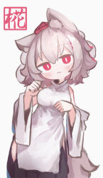 Rule 34 | 1girl, absurdres, animal ears, bare shoulders, black skirt, blush, chii (tsumami tsumamare), closed mouth, detached sleeves, grey hair, hair between eyes, hat, highres, inubashiri momiji, japanese clothes, looking at viewer, red eyes, red hat, short hair, simple background, skirt, solo, tail, tokin hat, touhou, white background, white sleeves, wide sleeves, wolf ears, wolf tail