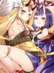 Rule 34 | 2girls, ass, back, blonde hair, breasts, chinese commentary, eyeliner, facial mark, fate/grand order, fate (series), grin, hair ornament, hikimayu, horns, ibaraki douji (fate), long hair, looking at viewer, makeup, multiple girls, oni, pointy ears, pout, purple eyes, purple hair, short hair, shuten douji (fate), skin-covered horns, smile, tattoo, vilor, yellow eyes