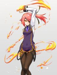 Rule 34 | 1girl, artist request, blazblue, breasts, eyepatch, fire, hair over one eye, konoe a. mercury, long sleeves, magic, me (xblaze), necktie, pantyhose, pink hair, purple necktie, side ponytail, small breasts, solo, third-party source, white background, xblaze, xblaze lost: memories, yellow eyes