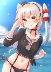 Rule 34 | 1girl, absurdres, amatsukaze (kancolle), bikini, bikini bottom only, black bikini, blue sky, blush, breasts, brown eyes, choker, closed mouth, cloud, collarbone, commentary, cowboy shot, day, garter straps, groin, hair between eyes, hair ornament, hair tubes, hand up, hat, highres, isutoon (ist3129), kantai collection, lifebuoy, long hair, looking at viewer, mini hat, navel, ocean, outdoors, sailor collar, side-tie bikini bottom, silver hair, sky, small breasts, smile, solo, striped, swim ring, swimsuit, two side up, water