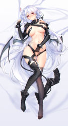 Rule 34 | 1girl, absurdres, bandaid, bandaid on pussy, black footwear, black gloves, black thighhighs, boots, bracelet, breasts, bright pupils, closers, elbow gloves, eyepatch, fingerless gloves, full body, gloves, highres, horns, jewelry, juliet sleeves, large breasts, long hair, long sleeves, looking at viewer, lying, micro shorts, midriff, mirae (closers), navel, on back, open pants, pants, pink eyes, puffy sleeves, revealing clothes, short shorts, shorts, silver hair, simple background, single horn, solo, spiked bracelet, spikes, swd3e2, thigh boots, thigh strap, thighhighs, unworn boot, unworn boots, unworn eyepatch, very long hair, white pupils, wings