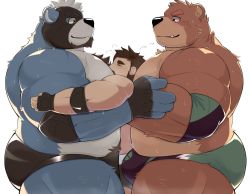 Rule 34 | 3boys, abs, bara, belly, between pecs, between pectorals, blue fur, blush, boy sandwich, brown fur, bulge, buto (bhtoss), chest hair, commission, facial hair, fat, fat man, from side, furry, furry male, furry with non-furry, goatee, grin, head between pecs, highres, interspecies, large pectorals, male focus, mature male, multiple boys, muscular, muscular male, navel, nipples, original, pectorals, sandwiched, second-party source, short hair, sideburns, size difference, smile, stomach, sweat, thick eyebrows, thick thighs, thighs, topless male, tusks, wrestling mask, wrestling outfit, yaoi