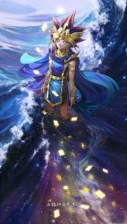 Rule 34 | 1boy, armband, armor, atem, blonde hair, cape, card (medium), collar, crown, dress, earrings, gauntlets, highres, jewelry, kaze-hime, looking up, male focus, multicolored hair, ocean, pants, purple eyes, red hair, shoulder armor, skirt, sleeveless, solo, spiked hair, stud earrings, takahashi kazuki (person), text focus, toei animation, water, waves, wet, wet clothes, yu-gi-oh!