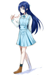 1girl arm_behind_back blue_eyes blue_hair braid dokidoki!_precure dress female_focus glasses half_updo hishikawa_rikka holding holding_removed_eyewear long_hair matching_hair/eyes precure simon_(n.s_craft) simple_background sketch solo unworn_eyewear walking white_background