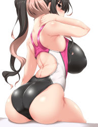 Rule 34 | 1girl, absurdres, ass, back, black hair, black one-piece swimsuit, blush, breasts, butt crack, competition swimsuit, from behind, grey eyes, hand on own neck, high ponytail, highres, huge breasts, kantai collection, long hair, looking at viewer, looking back, multicolored hair, naganami (kancolle), one-piece swimsuit, pink hair, ponytail, poolside, simple background, sitting, solo, swimsuit, white background, yoshi tama
