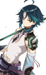 Rule 34 | 1boy, ahoge, armor, asymmetrical clothes, bad id, bad twitter id, bead necklace, beads, black gloves, blue hair, closed mouth, facial mark, forehead mark, freenote mr, genshin impact, gloves, highres, holding, holding weapon, jewelry, male focus, multicolored hair, necklace, polearm, simple background, sleeveless, solo, spikes, tassel, weapon, white background, xiao (genshin impact), yellow eyes