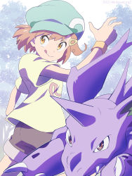 Rule 34 | 1girl, :q, blossom (pokemon), brown eyes, brown shorts, closed mouth, commentary request, creatures (company), dated, day, game freak, gen 1 pokemon, green headwear, hand up, hat, highres, kibisakura2, looking back, nidorino, nintendo, orange eyes, orange hair, outdoors, pokemon, pokemon (anime), pokemon (creature), poketoon, shirt, short sleeves, shorts, smile, t-shirt, tongue, tongue out, twitter username, wristband, yellow shirt