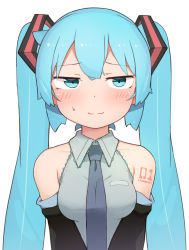 Rule 34 | 1girl, abmayo, aqua hair, arm tattoo, bare shoulders, blush, breasts, closed mouth, collarbone, collared shirt, commentary request, detached sleeves, grey shirt, hair ornament, hatsune miku, highres, long hair, looking at viewer, medium breasts, necktie, number tattoo, shirt, shoulder tattoo, simple background, sleeveless, sleeveless shirt, smile, solo, sweatdrop, tattoo, twintails, upper body, very long hair, vocaloid, white background