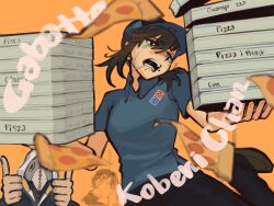 Rule 34 | 1girl, 2boys, blue headwear, blue shirt, brown hair, chainsaw man, character name, collared shirt, crying, crying with eyes open, double thumbs up, employee uniform, facing viewer, fast food uniform, food, higashiyama kobeni, higashiyama nobana, highres, holding, holding food, holding pizza, kobeni otouto, licking window, liowig, looking at viewer, looking back, looking to the side, medium hair, mole, mole under mouth, multiple boys, open mouth, pizza, plague doctor mask, shirt, short ponytail, simple background, single sidelock, snot, swept bangs, tears, thumbs up, uniform, violence fiend (chainsaw man), yellow background
