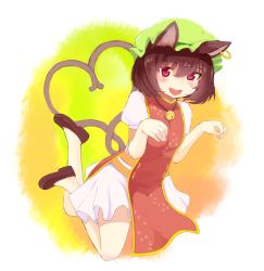 Rule 34 | 1girl, animal ears, bell, blush, brown hair, cat ears, cat girl, cat tail, chen, earrings, fang, female focus, heart, heart tail, jewelry, jingle bell, looking at viewer, multiple tails, paw pose, red eyes, roteri (roteri 69), single earring, smile, solo, tail, touhou