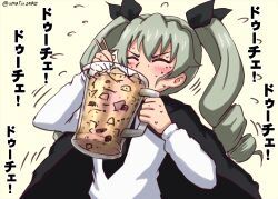 Rule 34 | 1girl, anchovy (girls und panzer), anzio school uniform, black cape, black necktie, black ribbon, cape, chopsticks, closed eyes, commentary, cup, dress shirt, drill hair, drinking, eating, facing viewer, flying sweatdrops, girls und panzer, green hair, hair ribbon, highres, holding, holding chopsticks, holding cup, long hair, long sleeves, mug, necktie, omachi (slabco), ribbon, school uniform, shirt, solo, sweat, translated, twin drills, twintails, twitter username, upper body, white shirt, yellow background
