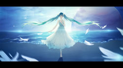 Rule 34 | 1girl, absurdly long hair, absurdres, animal, arm at side, backlighting, barefoot, beach, bird, blue eyes, blue hair, breasts, chaijunmao, commentary, dress, expressionless, floral print, flower, flying, frilled dress, frills, hand on own chest, hatsune miku, highres, horizon, letterboxed, long dress, long hair, looking at viewer, moon, ocean, rose, shadow, sleeveless, sleeveless dress, small breasts, solo, sunlight, text focus, twintails, very long hair, vocaloid, water, white dress, white flower, white rose, wide shot