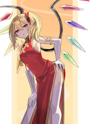 Rule 34 | 1girl, :o, alternate costume, china dress, chinese clothes, crystal, dress, elbow gloves, falken (yutozin), flandre scarlet, gloves, gradient background, hand on own hip, hand on own thigh, highres, looking at viewer, orange background, red dress, red eyes, side ponytail, solo, standing, thighhighs, thighs, touhou, two-tone background, white background, white gloves, white thighhighs, wings