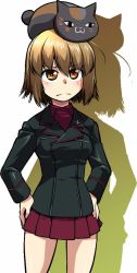 Rule 34 | 10s, 1girl, animal, animal on head, black cat, black jacket, cat, closed mouth, cowboy shot, dress shirt, frown, girls und panzer, hands on own hips, jacket, kuromorimine military uniform, long sleeves, looking up, mauko (girls und panzer), military, military uniform, miniskirt, no headwear, on head, pleated skirt, r-ex, red shirt, red skirt, shirt, short hair, silhouette, simple background, skirt, solo, standing, uniform, white background