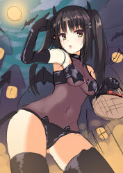 Rule 34 | 1girl, alternate costume, alternate hairstyle, aria (koiiroharemoyou), bare shoulders, basket, bat (animal), black bra, black choker, black gloves, black panties, black thighhighs, blush, bra, breasts, cafe stella to shinigami no chou, cherry, choker, commentary, cowboy shot, curvy, demon horns, elbow gloves, eyelashes, fake horns, food, fruit, full moon, gloves, groin, hair between eyes, hair ornament, hairclip, halloween, hand up, heart o-ring, holding, holding basket, holding food, holding fruit, horns, long hair, looking at viewer, medium breasts, mole, mole under eye, moon, navel, night, o-ring, o-ring top, outdoors, panties, shiki natsume, sidelocks, sketch, solo, standing, stomach, straight hair, thighhighs, thighs, tongue, tongue out, twintails, underwear, unfinished, yellow eyes