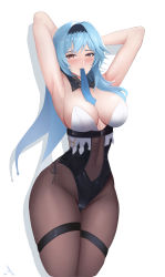 Rule 34 | 1girl, absurdres, armpits, arms behind head, arms up, black hairband, blue hair, blue necktie, blush, breasts, chinese commentary, cleavage, collar, commentary request, covered navel, eula (genshin impact), genshin impact, hairband, highleg, highleg leotard, highres, large breasts, leotard, looking at viewer, medium hair, mouth hold, necktie, necktie in mouth, open mouth, pantyhose, solo, strapless, sweat, thigh strap, ultra-13, white background, yellow eyes