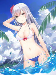 Rule 34 | 1girl, absurdres, arm at side, armpits, bad id, bad pixiv id, bare arms, bare shoulders, bikini, blue bikini, blue sky, blurry, bow, breasts, cleavage, cloud, day, depth of field, dutch angle, eyebrows, flower, hair flower, hair ornament, hibiscus, highres, karlsruhe (warship girls r), large breasts, legs apart, looking at viewer, mismatched bikini, mountain, navel, outdoors, palm tree, plant, red bow, saikou-iro aurora, sky, solo, splashing, stomach, summer, swimsuit, tree, warship girls r, water, water drop, white bikini