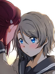 Rule 34 | 2girls, absurdres, blue eyes, blush, closed mouth, collarbone, grey hair, grey sailor collar, hair between eyes, hair ornament, hairclip, highres, looking at another, love live!, love live! sunshine!!, multiple girls, portrait, red hair, sailor collar, sakurauchi riko, school uniform, short hair, simple background, sketch, uranohoshi school uniform, watanabe you, white background, yuchi (salmon-1000)