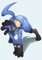 Rule 34 | agitype01, all fours, animal ears, artist name, bent over, black fur, blue fur, blue tail, claws, creatures (company), game freak, gen 4 pokemon, grey background, highres, jackal ears, looking to the side, lucario, multicolored fur, nintendo, pokemon, pokemon (creature), red eyes, shadow, simple background, solo, yellow fur