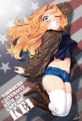 Rule 34 | 10s, 1girl, ;d, american flag, artist name, blew andwhite, blonde hair, blue eyes, blush, bomber jacket, boots, breasts, cursive, denim, denim shorts, girls und panzer, groin, highres, jacket, jumping, kay (girls und panzer), large breasts, long hair, midriff, navel, one eye closed, open mouth, shorts, signature, skindentation, smile, solo, thighhighs, thighs, white thighhighs, zettai ryouiki