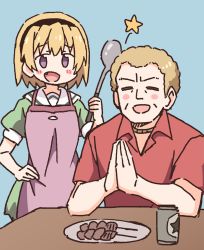 Rule 34 | 1boy, 1girl, :d, = =, alcohol, apron, beer, blonde hair, blue background, blush, blush stickers, closed eyes, collared shirt, commentary request, dress, fang, food, green dress, hand on own hip, higurashi no naku koro ni, holding, houjou satoko, houjou teppei, ladle, light brown hair, nekotoufu, open mouth, own hands together, palms together, plate, puffy short sleeves, puffy sleeves, purple apron, purple eyes, red shirt, sailor collar, sailor dress, shirt, short sleeves, simple background, smile, star (symbol), white sailor collar