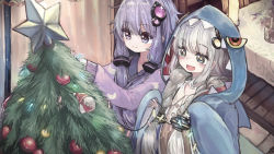 Rule 34 | 2girls, animal costume, blush, braid, christmas, christmas lights, christmas ornaments, crescent, crescent print, hair ornament, hands up, highres, holding, indoors, kizuna akari, long hair, long sleeves, low twintails, merry christmas, microa, multiple girls, purple eyes, purple hair, santa claus, shark costume, sleeves past wrists, smile, split mouth, star-shaped pupils, star (symbol), symbol-shaped pupils, table, tablecloth, twin braids, twintails, vocaloid, voiceroid, white hair, wooden floor, yuzuki yukari
