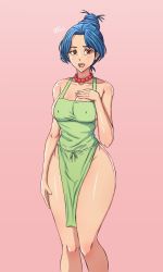 Rule 34 | 1girl, alternate hairstyle, animification, apron, blue hair, breasts, brown eyes, cleavage, covered erect nipples, curvy, death note, death tome, earrings, facing viewer, feet out of frame, gradient background, green apron, hair bun, highres, jewelry, looking at viewer, marge simpson, mature female, medium breasts, naked apron, necklace, official alternate hairstyle, open mouth, pelvic curtain, pink background, qthead, shiny skin, signature, simple background, solo, standing, stud earrings, the simpsons, thighs, treehouse of horror, wide hips