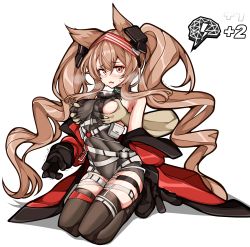 Rule 34 | 1girl, absurdres, angelina (arknights), angelina (distinguished visitor) (arknights), animal ears, arknights, bare shoulders, belt, black gloves, black leotard, black thighhighs, blush, grabbing another&#039;s breast, breasts, coat, covered navel, disembodied hand, fox ears, frown, full body, gloves, godgamesc2, grabbing, grabbing from behind, grabbing own breast, groping, hairband, headgear, heavy breathing, highres, kneeling, large breasts, leotard, long hair, looking at viewer, motion lines, official alternate costume, open clothes, open coat, open mouth, pouch, red coat, red hairband, sideboob, sidelocks, simple background, skindentation, solo, sweat, thigh strap, thighhighs, toned, trembling, twintails, two-tone hairband, underbust, very long hair, white background
